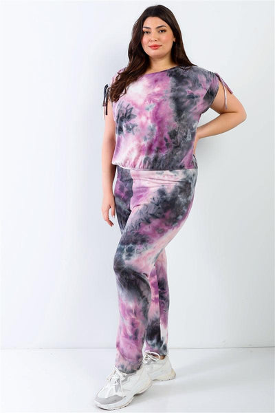 Plus Purple & Black Tie-dye Ruched Shoulder Detail Top & Pants Set - AMIClubwear