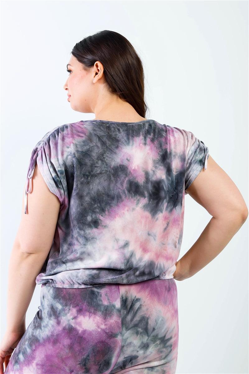 Plus Purple & Black Tie-dye Ruched Shoulder Detail Top & Pants Set - AMIClubwear