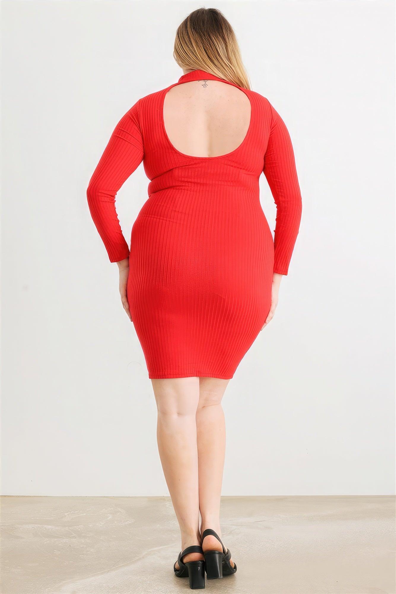 Plus Red Ribbed Long Sleeve Mock Neck Cut-out Back Midi Dress - AMIClubwear