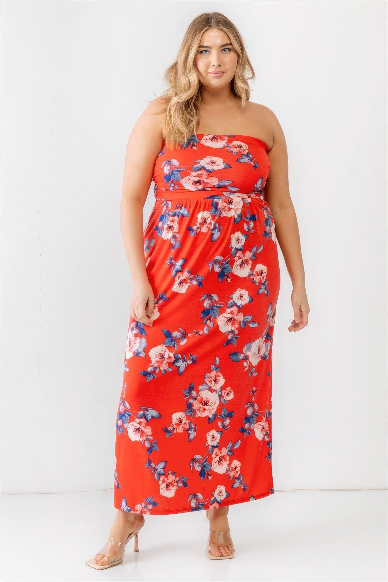 Plus Red Rose Print Ruched Strapless Midi Dress - AMIClubwear