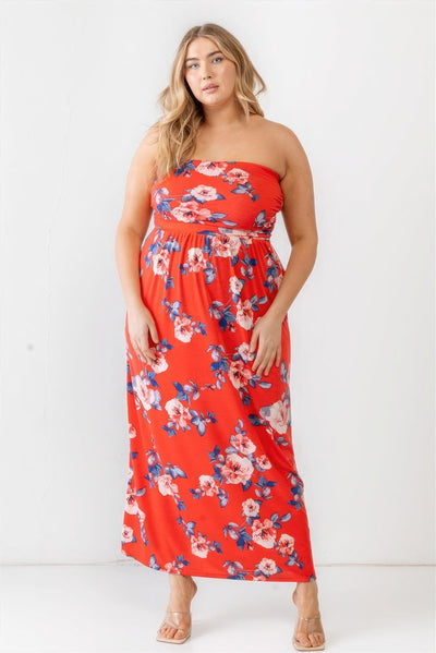 Plus Red Rose Print Ruched Strapless Midi Dress - AMIClubwear