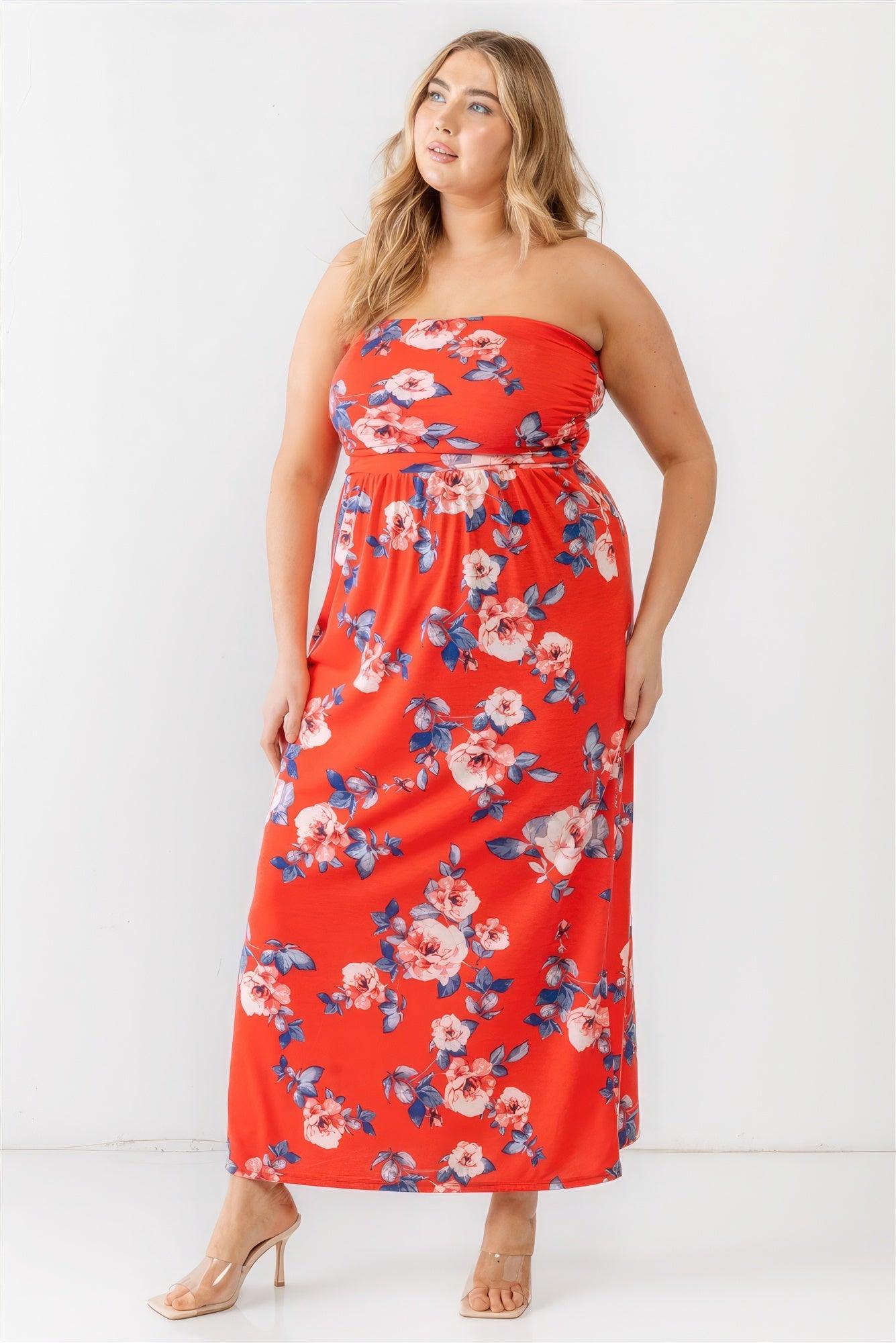 Plus Red Rose Print Ruched Strapless Midi Dress - AMIClubwear