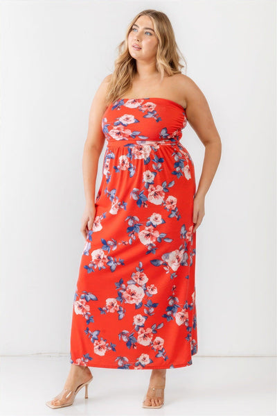 Plus Red Rose Print Ruched Strapless Midi Dress - AMIClubwear