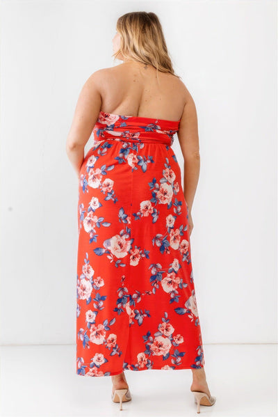 Plus Red Rose Print Ruched Strapless Midi Dress - AMIClubwear