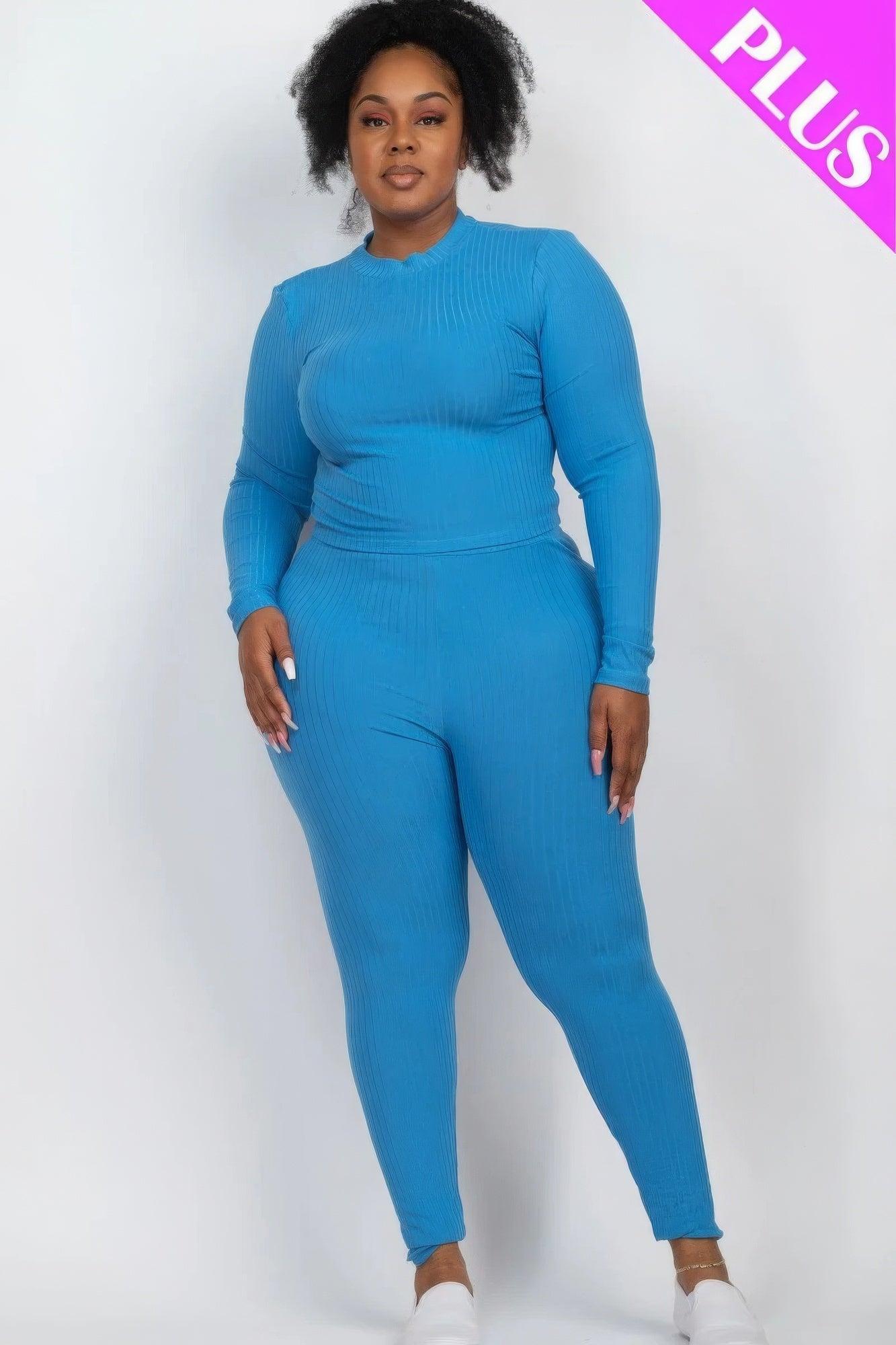 Plus Ribbed Mock Neck Long Sleeve Top & Leggings Set - AMIClubwear