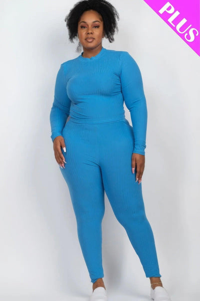 Plus Ribbed Mock Neck Long Sleeve Top & Leggings Set - AMIClubwear