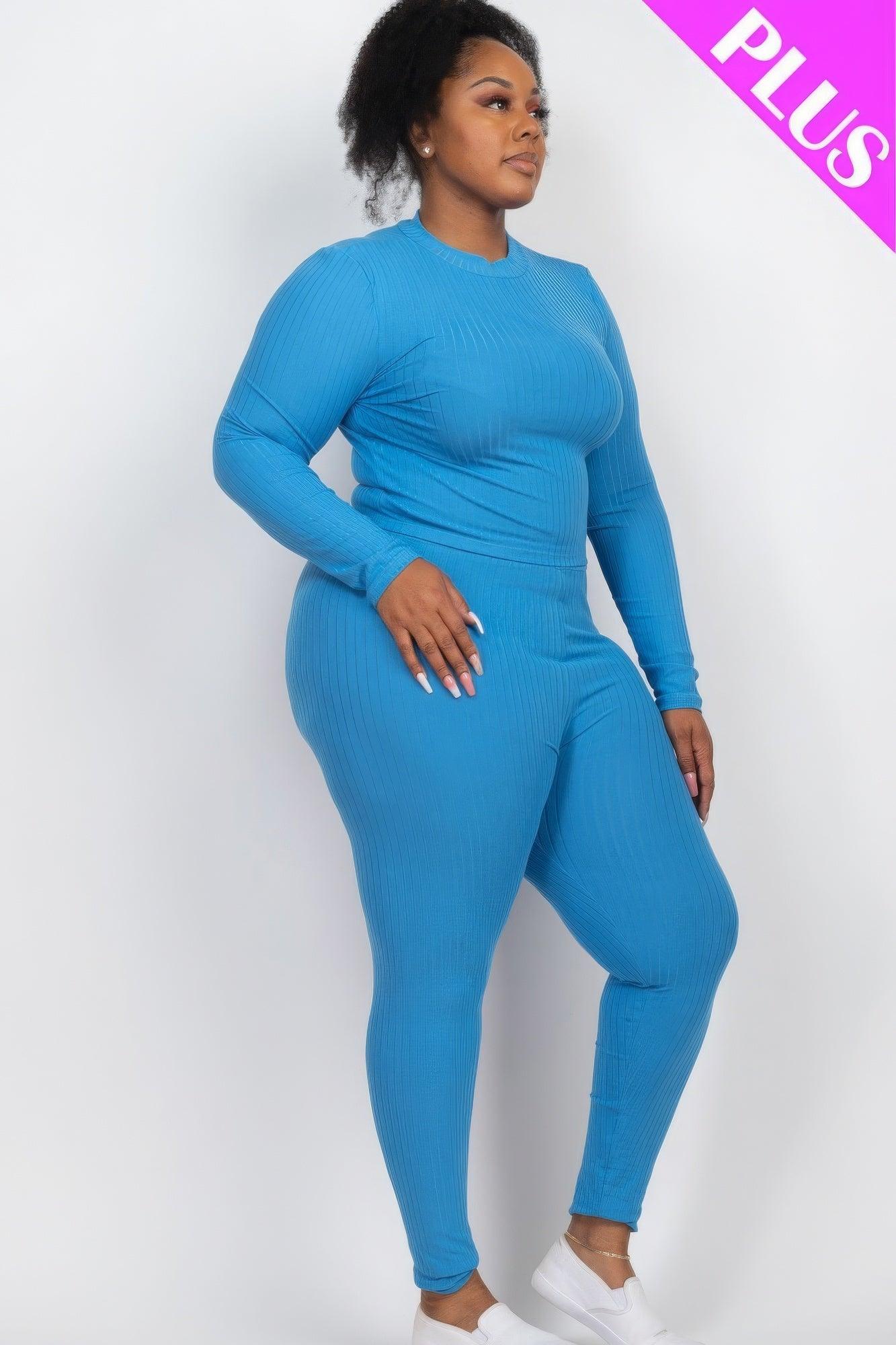 Plus Ribbed Mock Neck Long Sleeve Top & Leggings Set - AMIClubwear