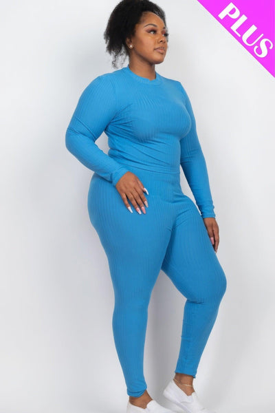 Plus Ribbed Mock Neck Long Sleeve Top & Leggings Set - AMIClubwear