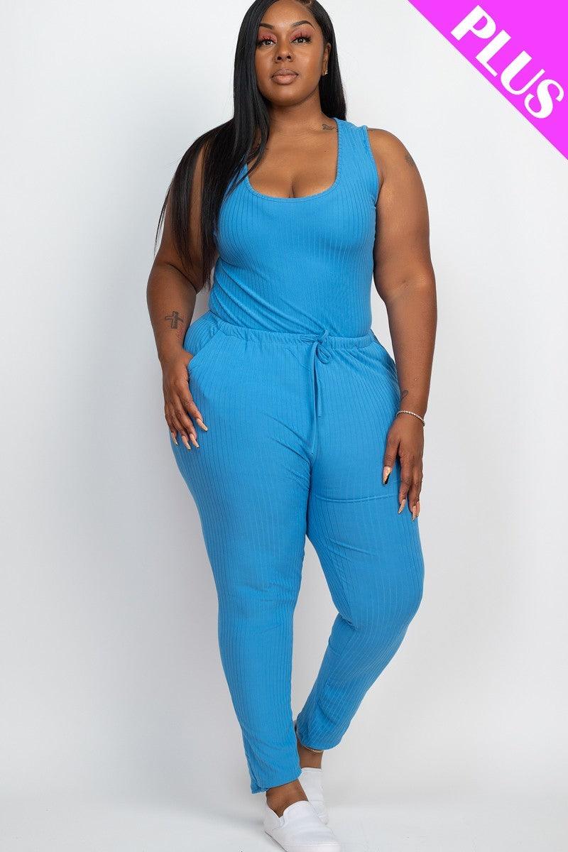 Plus Ribbed Sleeveless Drawstring Jumpsuit - AMIClubwear