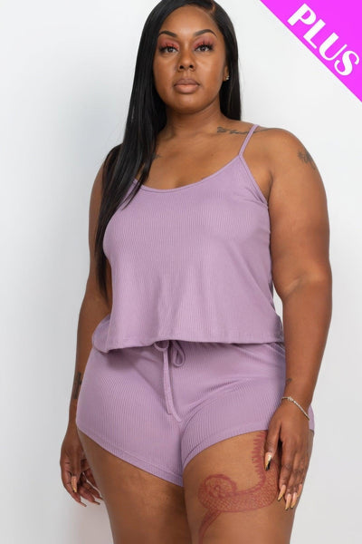 Plus Ribbed Strappy Top And Shorts Set - AMIClubwear