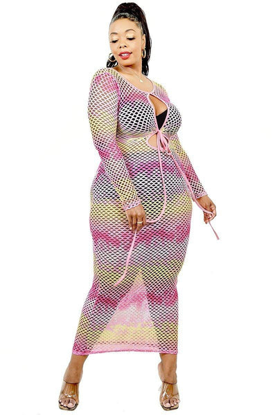 Plus See-through Gradient Fishnet Overlay Dress - AMIClubwear