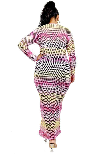 Plus See-through Gradient Fishnet Overlay Dress - AMIClubwear