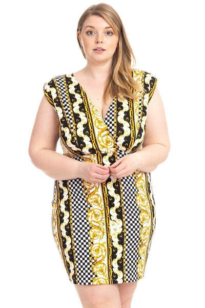 Plus Size Boarder Print V-neck Bodycon Dress - AMIClubwear