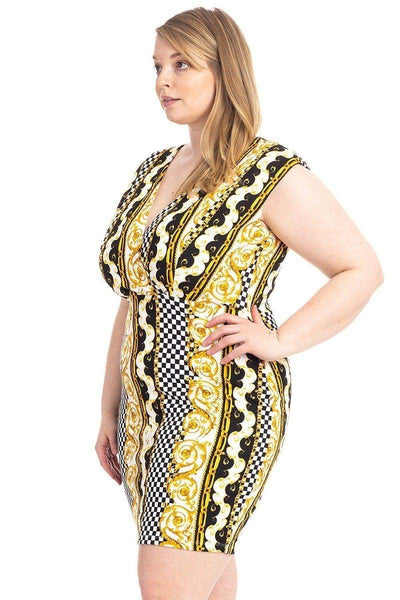 Plus Size Boarder Print V-neck Bodycon Dress - AMIClubwear