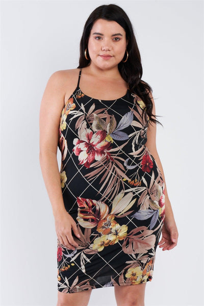 Plus Size Criss-cross Open Back Mini Floral Print Dress - AMIClubwear