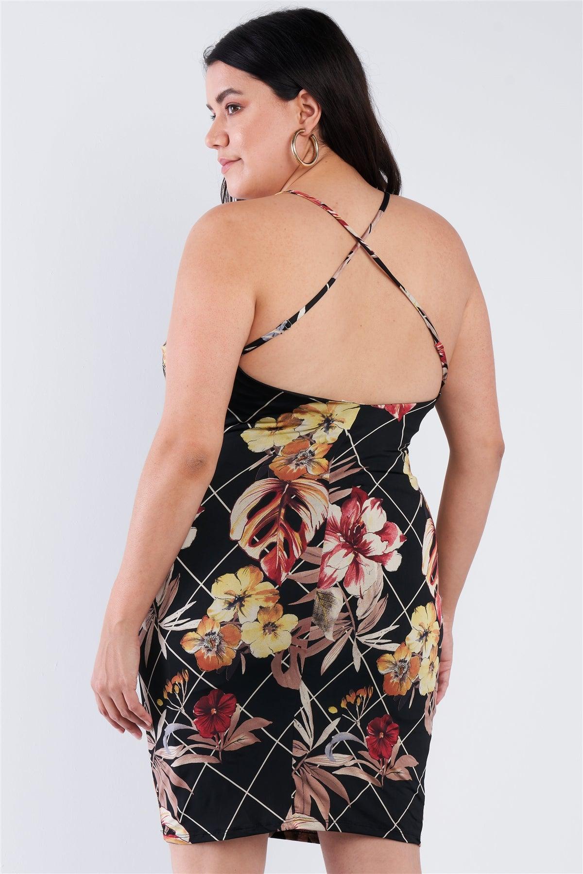 Plus Size Criss-cross Open Back Mini Floral Print Dress - AMIClubwear