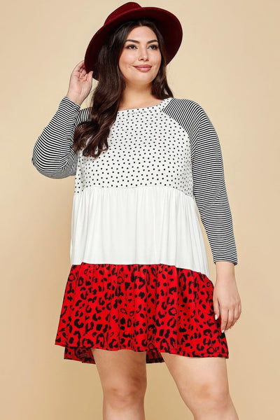 Plus Size Cute Polka Dot And Animal Print Contrast Swing Tiered Dress - AMIClubwear