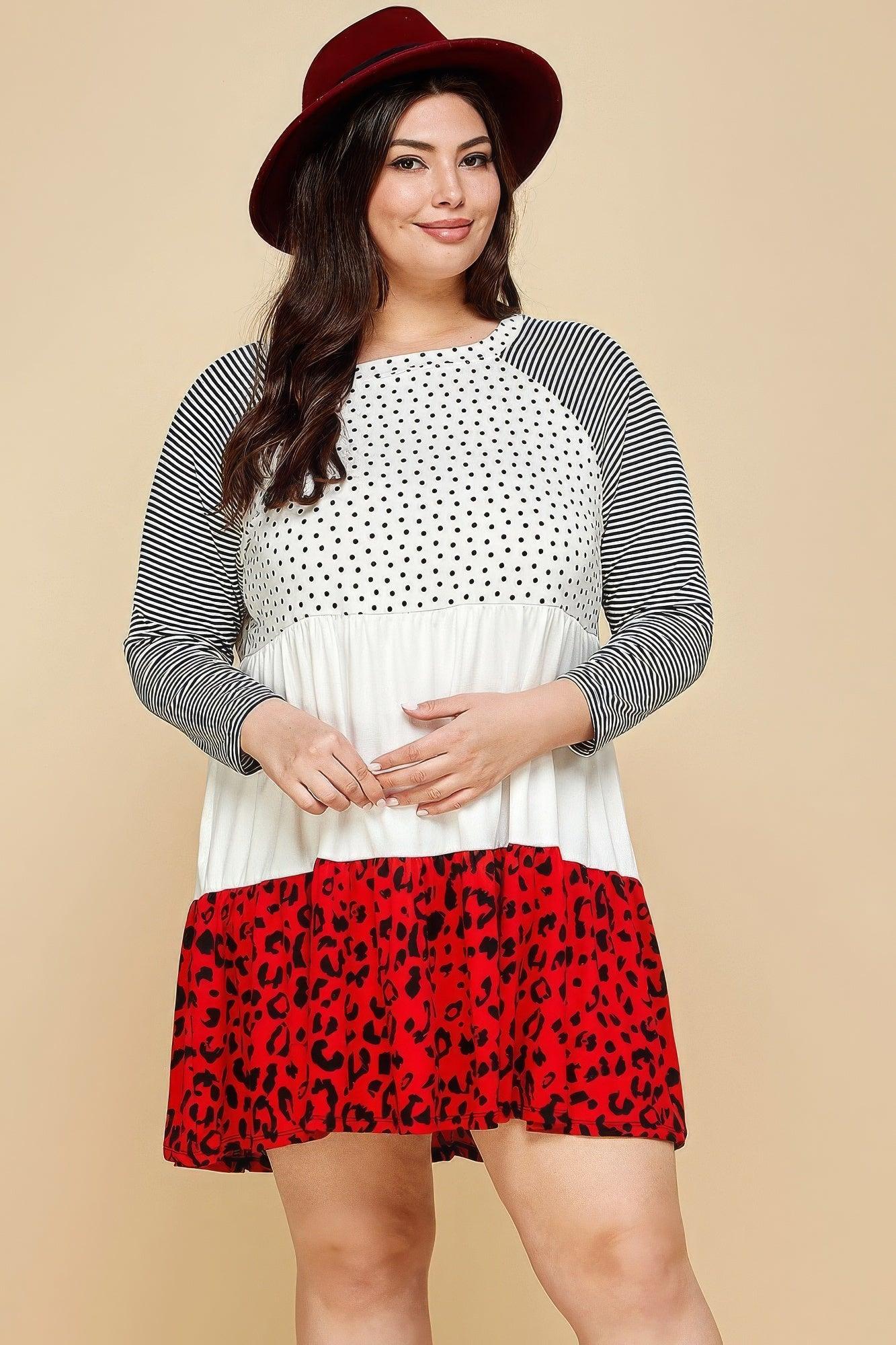 Plus Size Cute Polka Dot And Animal Print Contrast Swing Tiered Dress - AMIClubwear