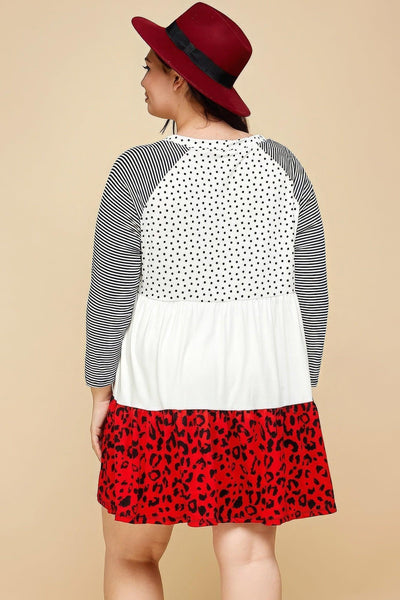 Plus Size Cute Polka Dot And Animal Print Contrast Swing Tiered Dress - AMIClubwear