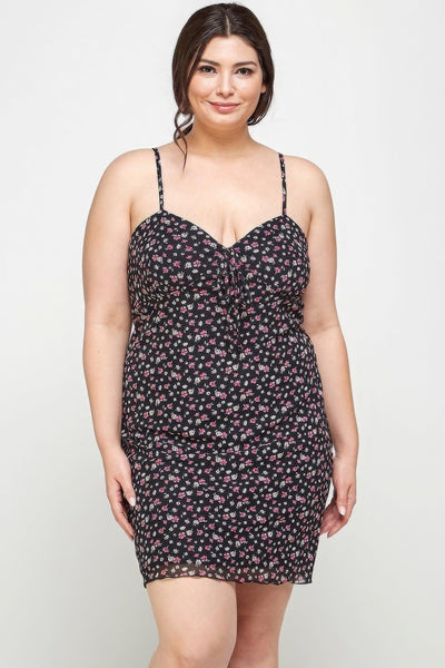 Plus Size Ditsy Floral Print On Mesh Fabric Cami Dress - AMIClubwear