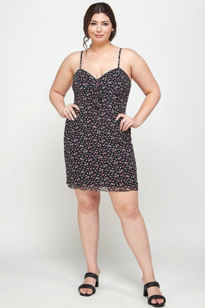 Plus Size Ditsy Floral Print On Mesh Fabric Cami Dress - AMIClubwear