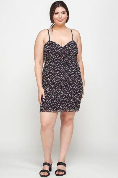 Plus Size Ditsy Floral Print On Mesh Fabric Cami Dress - AMIClubwear