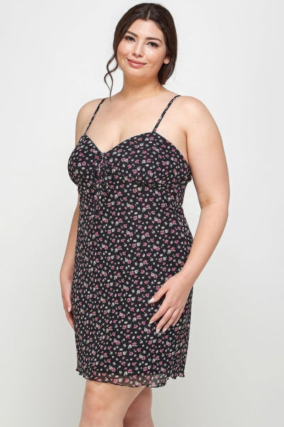 Plus Size Ditsy Floral Print On Mesh Fabric Cami Dress - AMIClubwear