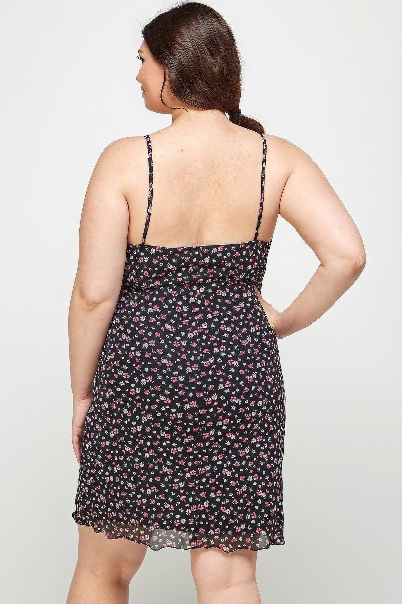 Plus Size Ditsy Floral Print On Mesh Fabric Cami Dress - AMIClubwear