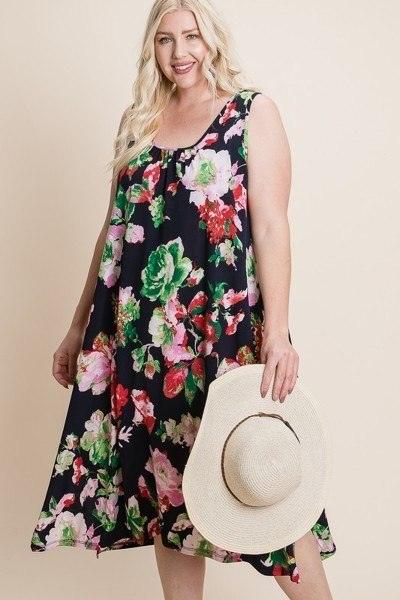 Plus Size Floral Bulgari Printed Tank Midi Dress With Asymmetrical Hem - AMIClubwear