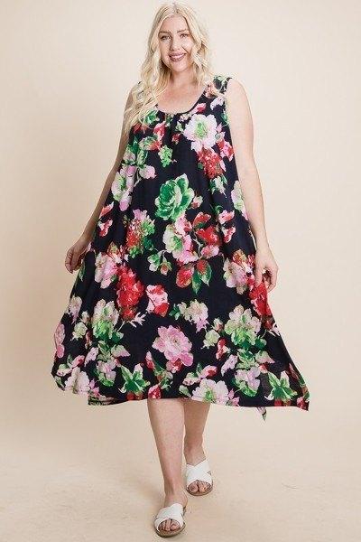 Plus Size Floral Bulgari Printed Tank Midi Dress With Asymmetrical Hem - AMIClubwear