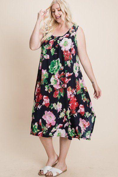 Plus Size Floral Bulgari Printed Tank Midi Dress With Asymmetrical Hem - AMIClubwear