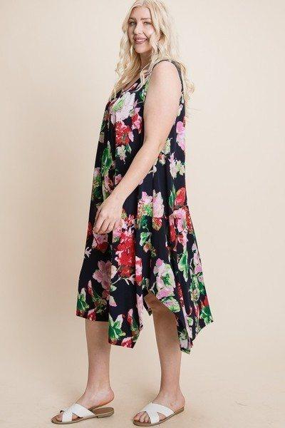 Plus Size Floral Bulgari Printed Tank Midi Dress With Asymmetrical Hem - AMIClubwear