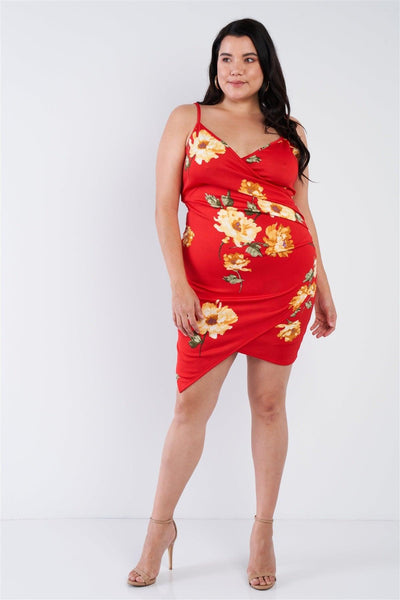 Plus Size Floral Print V-neck Cinched Size Chic Mini Dress - AMIClubwear