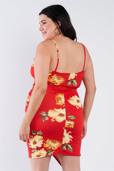 Plus Size Floral Print V-neck Cinched Size Chic Mini Dress - AMIClubwear