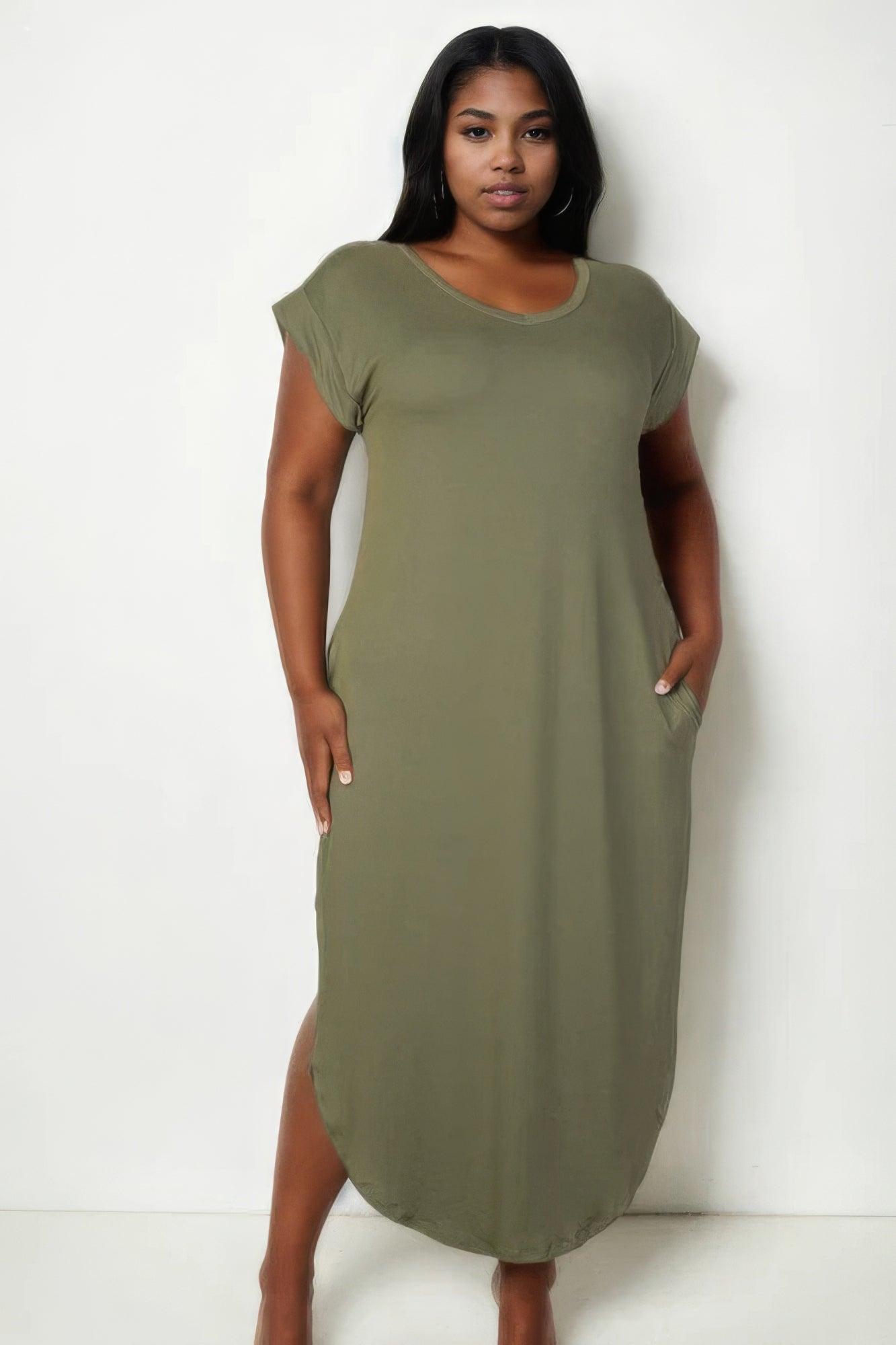 Plus Size Hidden Pocket Batwing Sleeve V Neck Long Dress - AMIClubwear