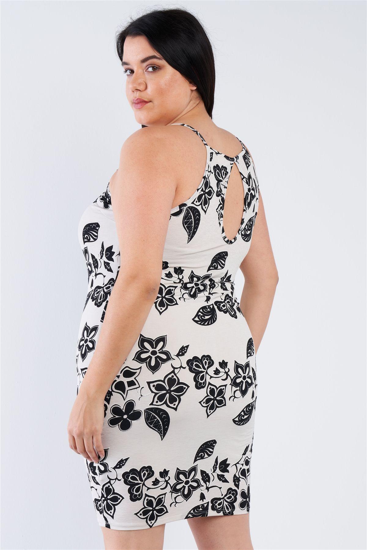 Plus Size Ivory Black Floral Basic Dress - AMIClubwear