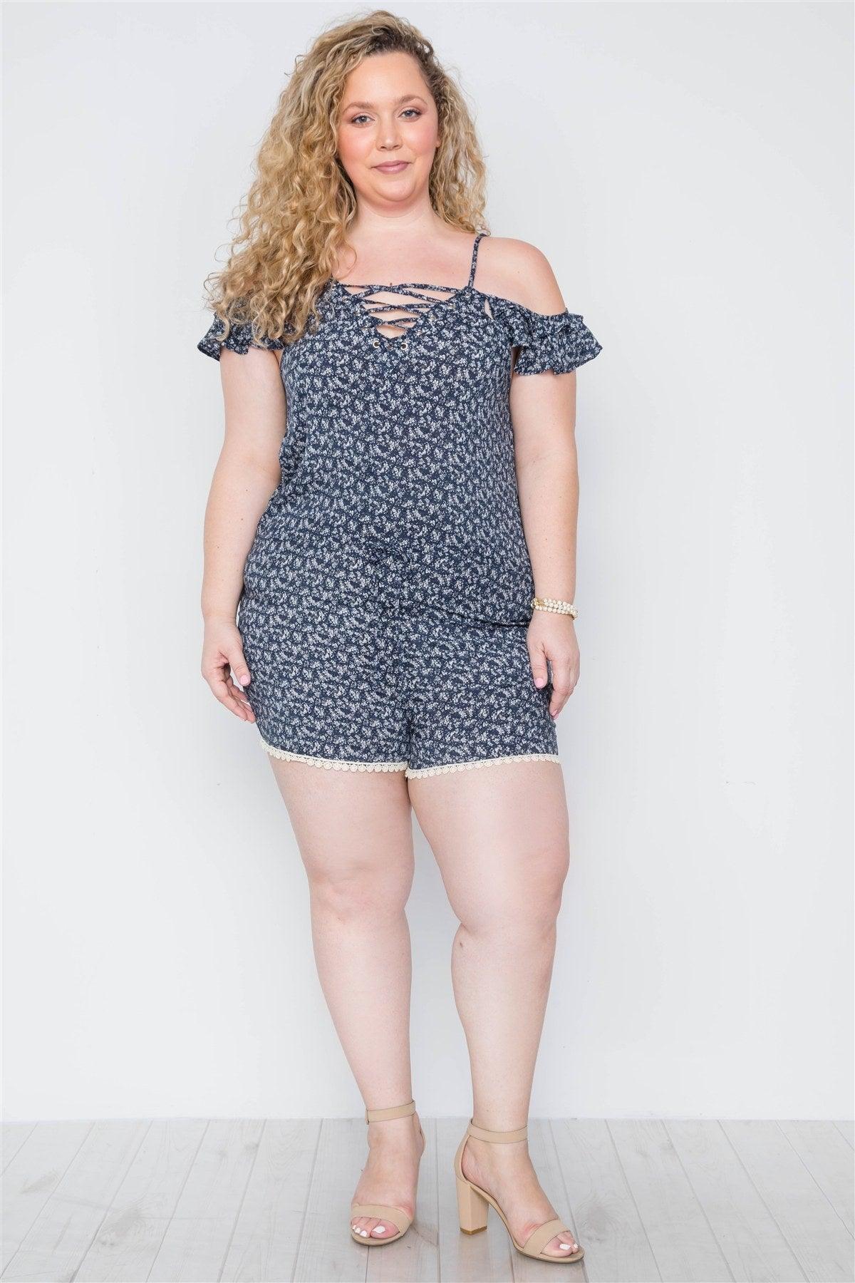 Plus Size Navy Floral Print Lace Up Romper - AMIClubwear