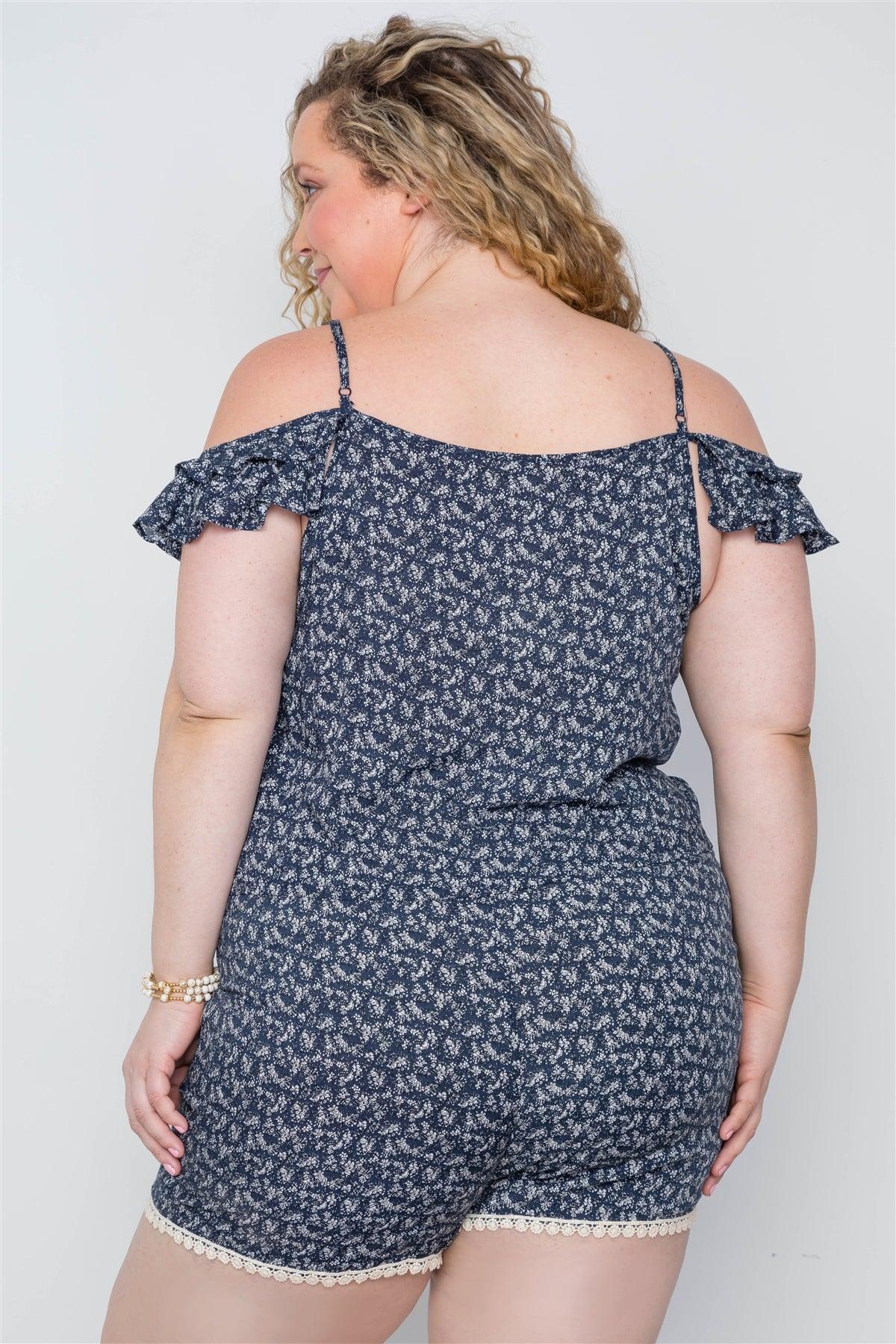 Plus Size Navy Floral Print Lace Up Romper - AMIClubwear