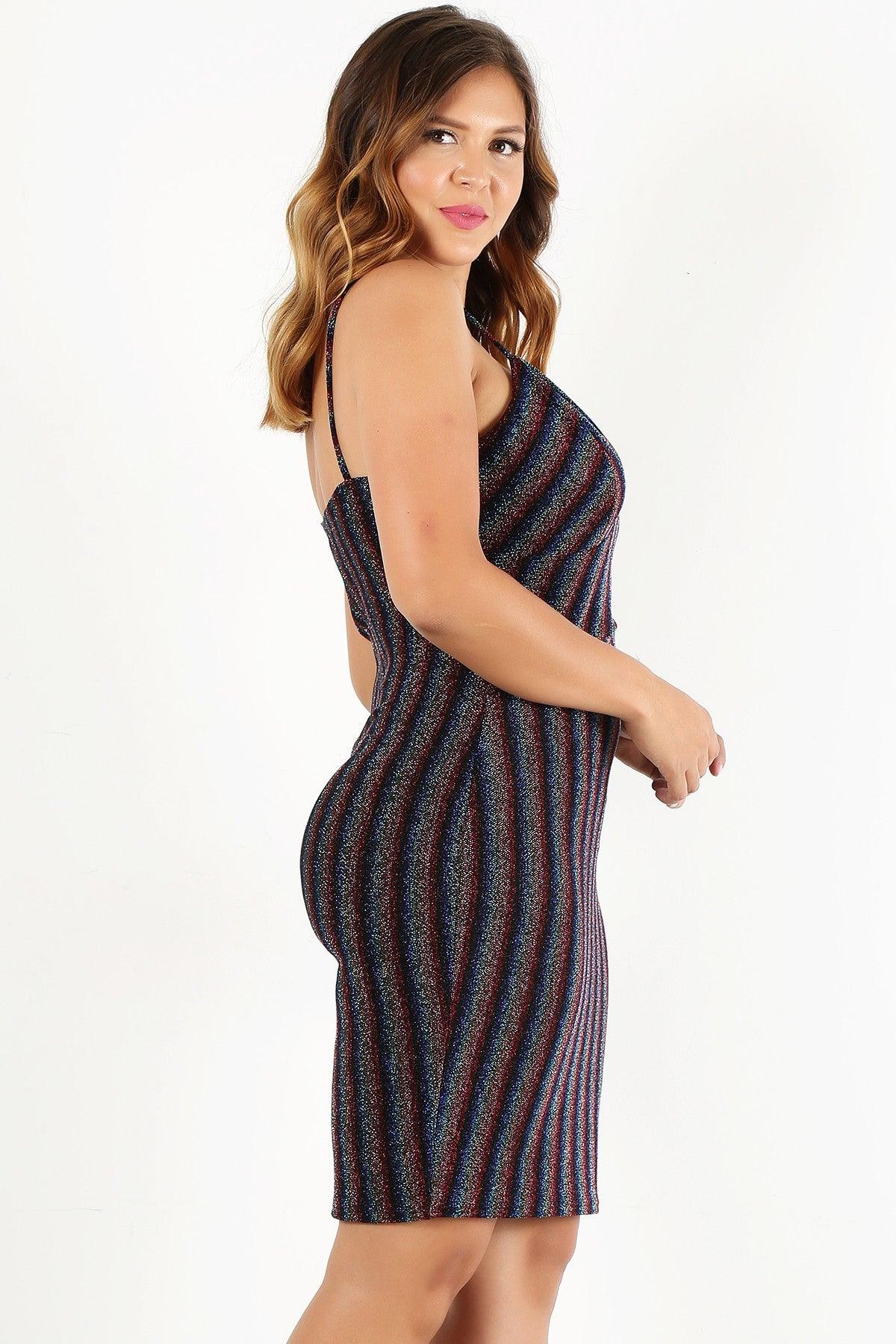 Plus Size Rainbow Striped Sleeveless Short Dress - AMIClubwear