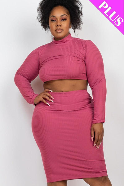 Plus Size Ribbed Mock Neck Crop Top & Midi Skirt Set - AMIClubwear