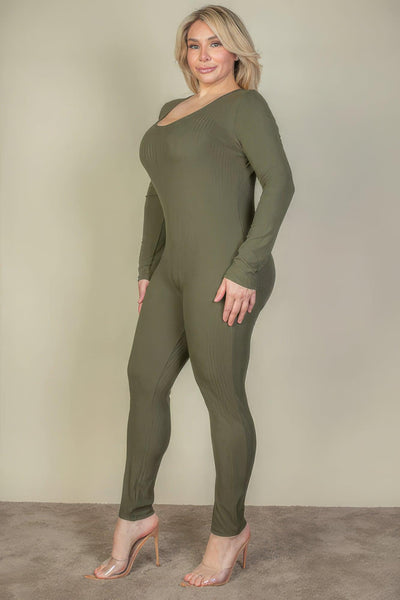 Plus Size Ribbed Scoop Neck Long Sleeve Jumpsuit - AMIClubwear