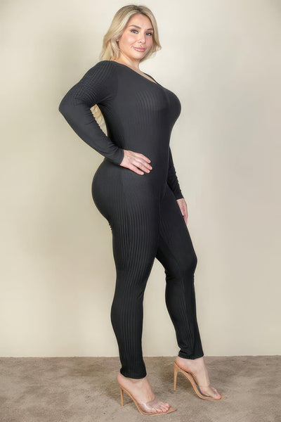 Plus Size Ribbed Scoop Neck Long Sleeve Jumpsuit - AMIClubwear