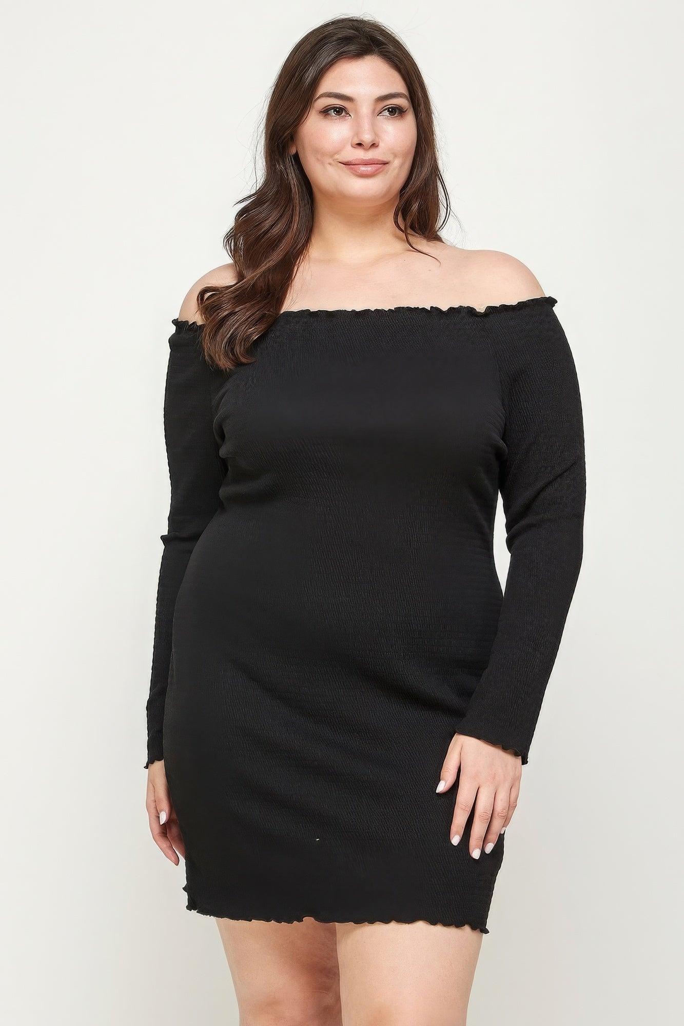 Plus Size, Solid Smocked Off Shoulder Dress - AMIClubwear