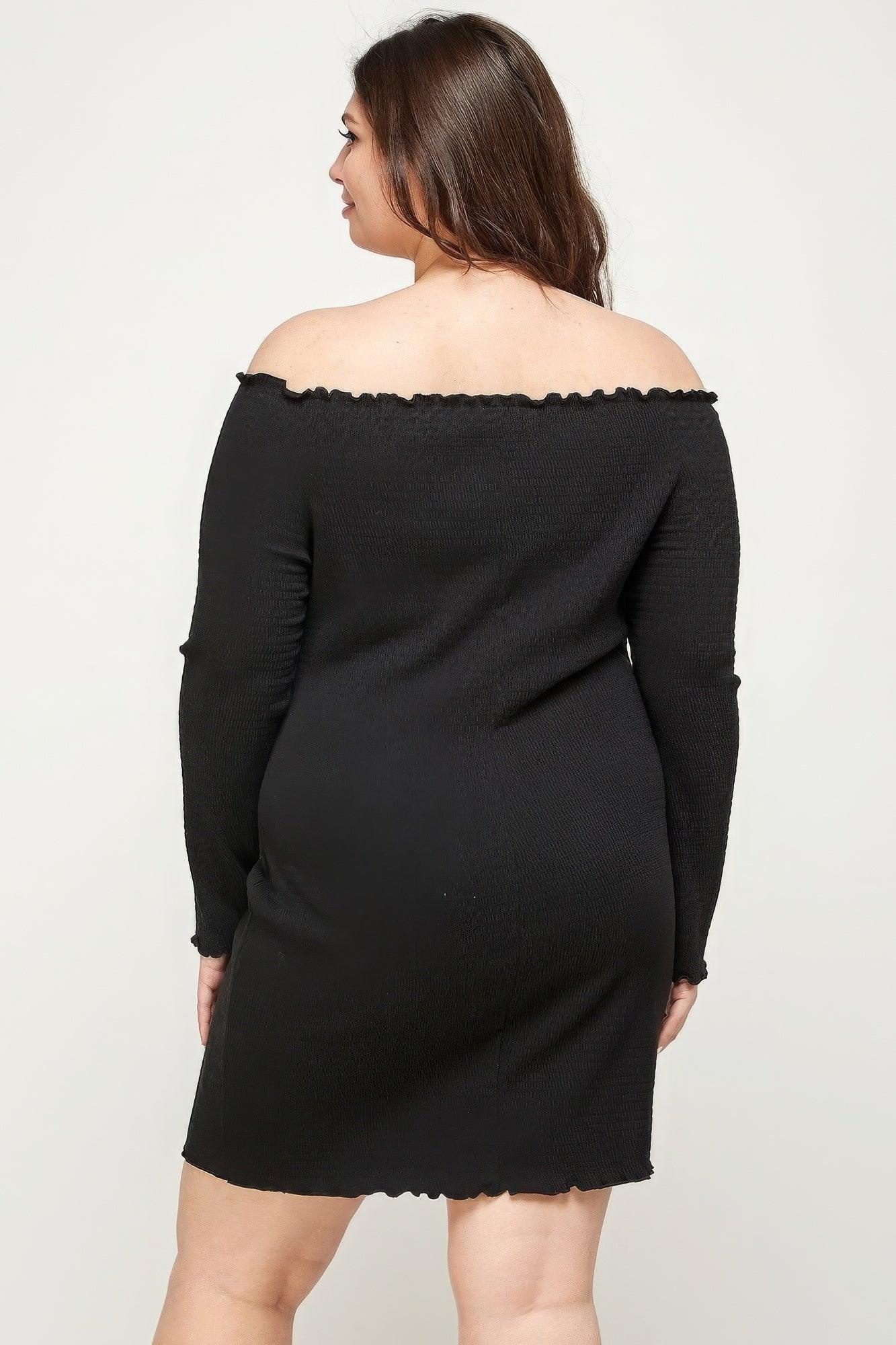 Plus Size, Solid Smocked Off Shoulder Dress - AMIClubwear