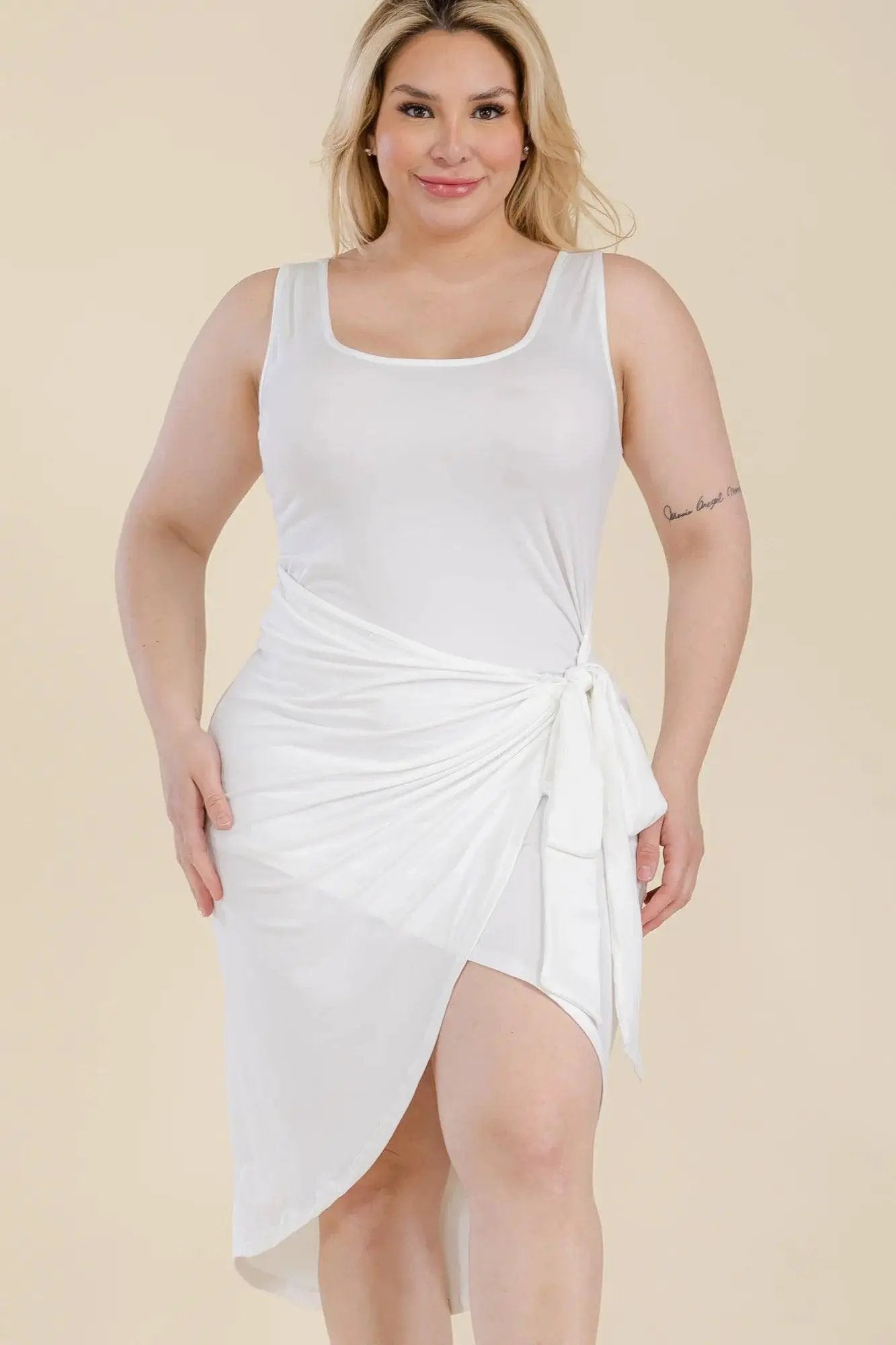 Plus Size Solid Wrap Front Tie Side Midi Dress