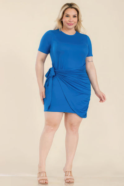 Plus Size Solid Wrap Front Tie Side Short Sleeve Mini Dress - AMIClubwear