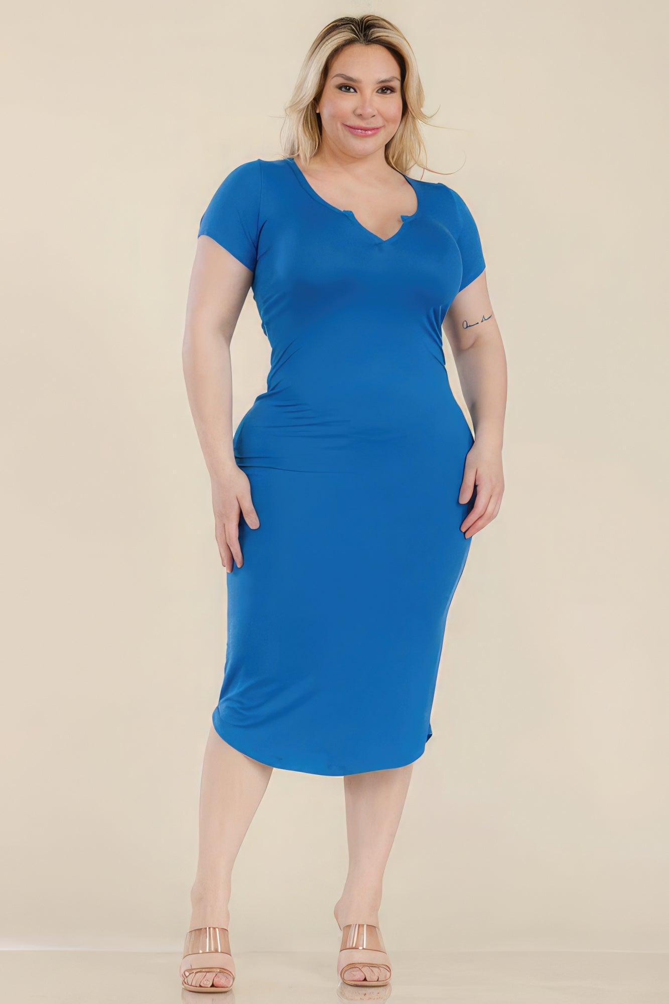 Plus Size Split Neck Bodycon Midi Dress - AMIClubwear