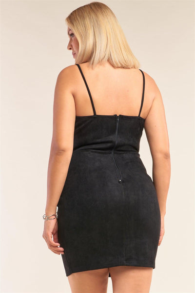 Plus Size Suede Sleeveless Fitted Square Neck Mini Dress - AMIClubwear