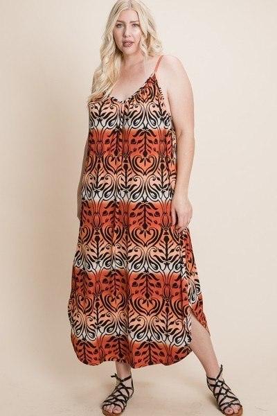 Plus Size Tie Dye Ombre Damask Print Anna Print Cami Maxi Dress - AMIClubwear