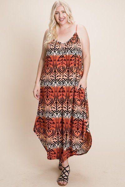 Plus Size Tie Dye Ombre Damask Print Anna Print Cami Maxi Dress - AMIClubwear